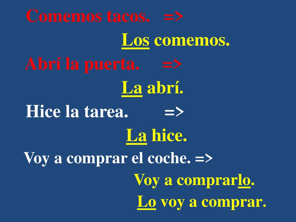 Comemos tacos. => Los comemos. Abrí la puerta. => La abrí.
