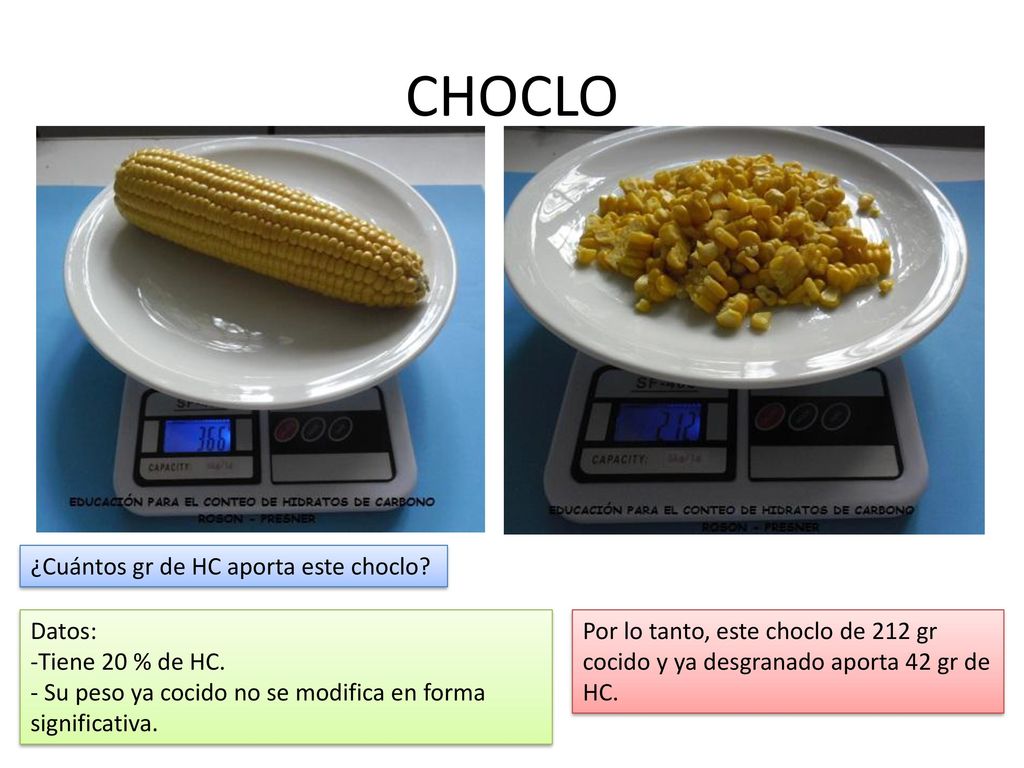 CHOCLO ¿Cuántos gr de HC aporta este choclo Datos: -Tiene 20 % de HC.