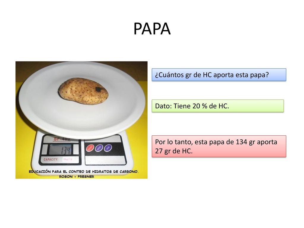 PAPA ¿Cuántos gr de HC aporta esta papa Dato: Tiene 20 % de HC.