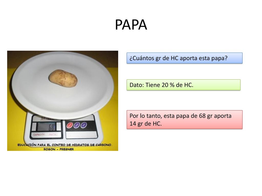 PAPA ¿Cuántos gr de HC aporta esta papa Dato: Tiene 20 % de HC.