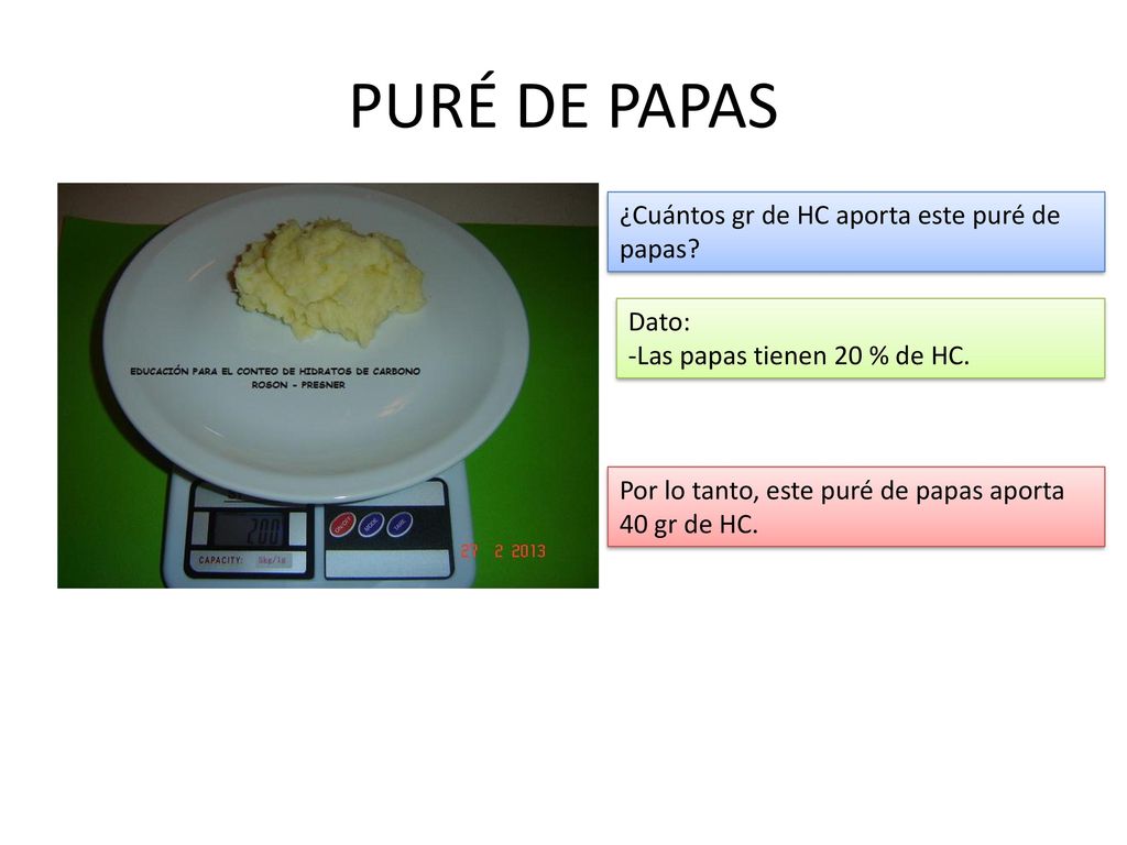 PURÉ DE PAPAS ¿Cuántos gr de HC aporta este puré de papas Dato: