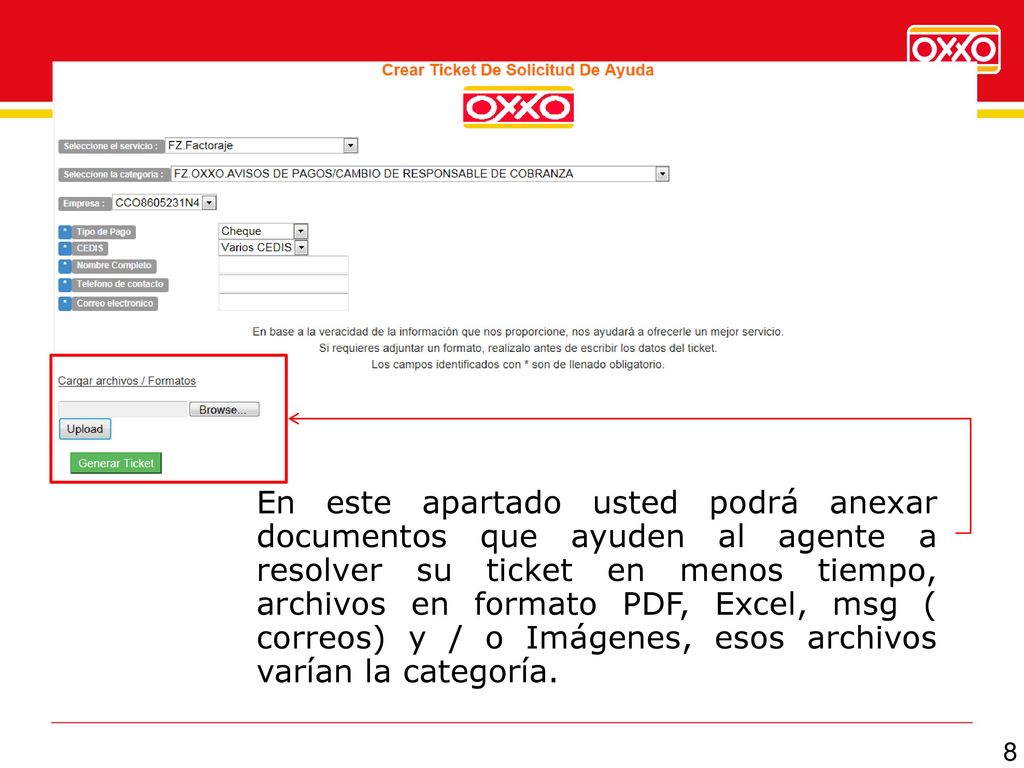 En este apartado usted podrá anexar documentos que ayuden al agente a resolver su ticket en menos tiempo, archivos en formato PDF, Excel, msg ( correos) y / o Imágenes, esos archivos varían la categoría.