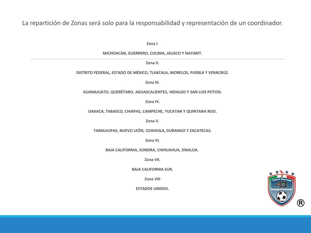 La repartición de Zonas será solo para la responsabilidad y representación de un coordinador.