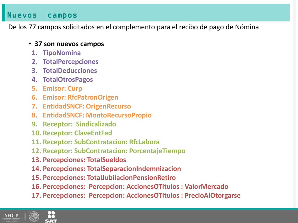 Nuevos campos De los 77 campos solicitados en el complemento para el recibo de pago de Nómina. 37 son nuevos campos.