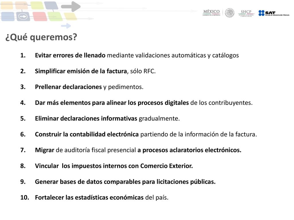 ¿Qué queremos Evitar errores de llenado mediante validaciones automáticas y catálogos. Simplificar emisión de la factura, sólo RFC.