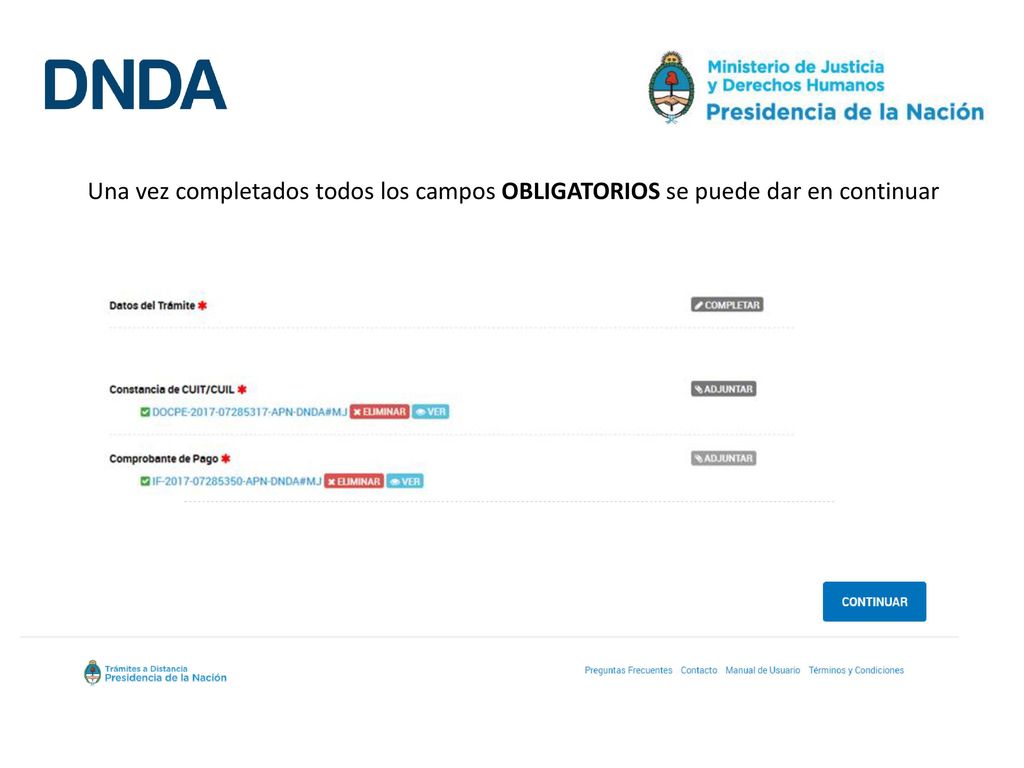 Una vez completados todos los campos OBLIGATORIOS se puede dar en continuar
