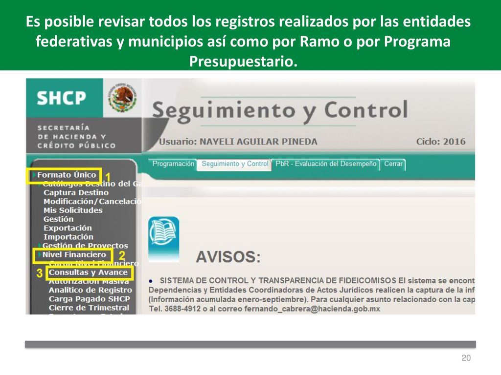 Es posible revisar todos los registros realizados por las entidades federativas y municipios así como por Ramo o por Programa Presupuestario.