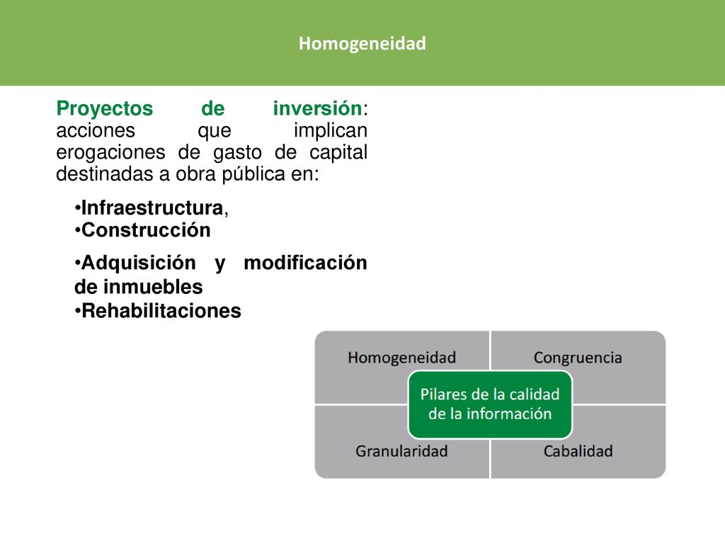 Homogeneidad Proyectos de inversión: acciones que implican erogaciones de gasto de capital destinadas a obra pública en: