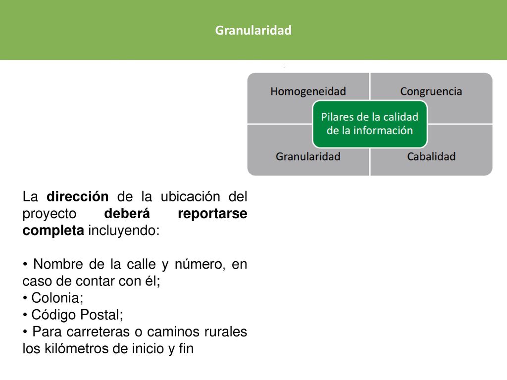 Granularidad La dirección de la ubicación del proyecto deberá reportarse completa incluyendo: