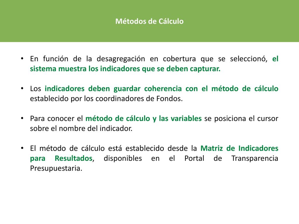 Métodos de Cálculo En función de la desagregación en cobertura que se seleccionó, el sistema muestra los indicadores que se deben capturar.