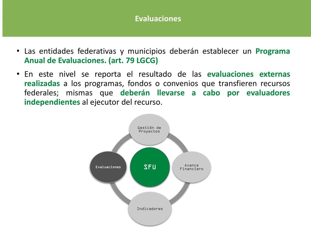 Evaluaciones Las entidades federativas y municipios deberán establecer un Programa Anual de Evaluaciones. (art. 79 LGCG)