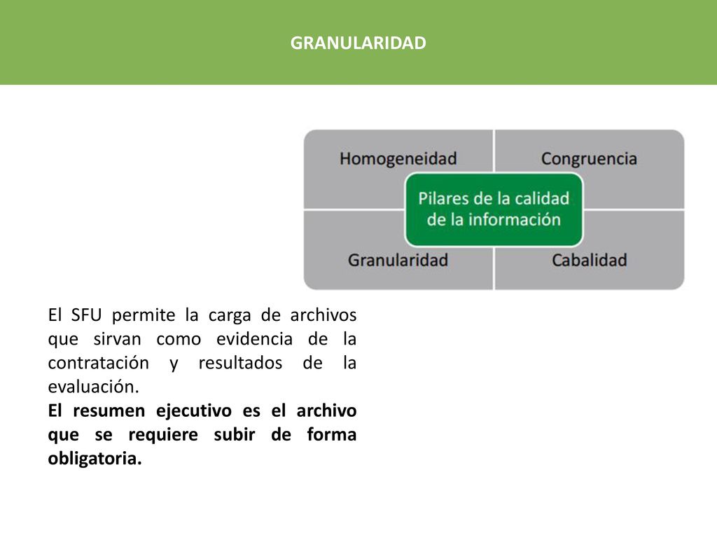 GRANULARIDAD El SFU permite la carga de archivos que sirvan como evidencia de la contratación y resultados de la evaluación.