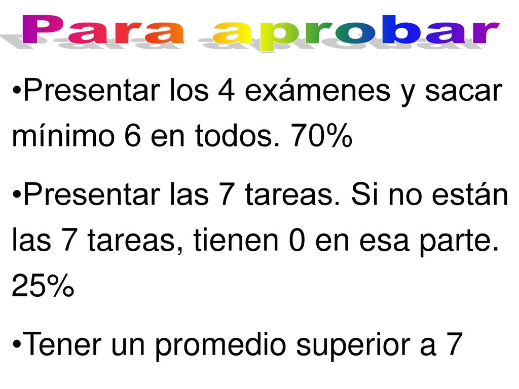 Presentar los 4 exámenes y sacar mínimo 6 en todos. 70%