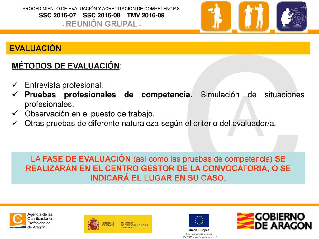 EVALUACIÓN MÉTODOS DE EVALUACIÓN: Entrevista profesional. Pruebas profesionales de competencia. Simulación de situaciones profesionales.