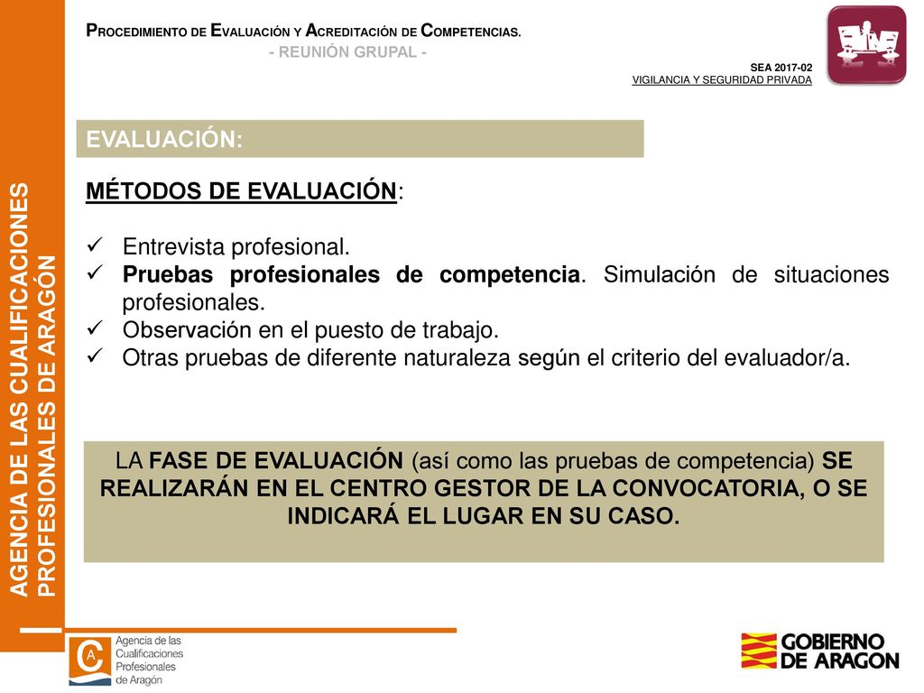 EVALUACIÓN: MÉTODOS DE EVALUACIÓN: Entrevista profesional. Pruebas profesionales de competencia. Simulación de situaciones profesionales.