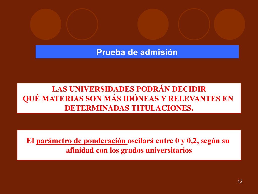 Prueba de admisión LAS UNIVERSIDADES PODRÁN DECIDIR QUÉ MATERIAS SON MÁS IDÓNEAS Y RELEVANTES EN DETERMINADAS TITULACIONES.