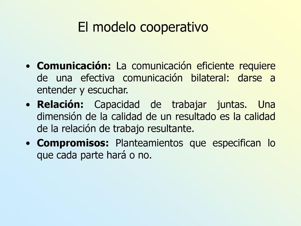 El modelo cooperativo Comunicación: La comunicación eficiente requiere de una efectiva comunicación bilateral: darse a entender y escuchar.