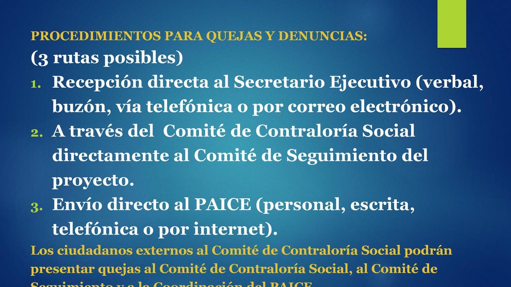 Envío directo al PAICE (personal, escrita, telefónica o por internet).