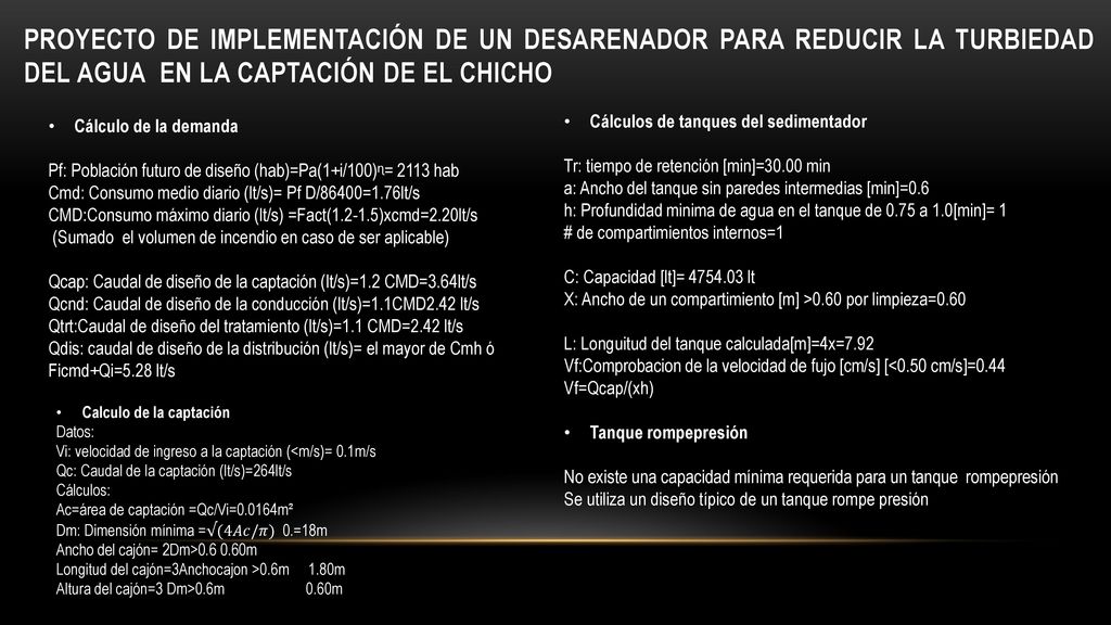 Proyecto de implementación de un desarenador para reducir la turbiedad del agua en la captación de El Chicho