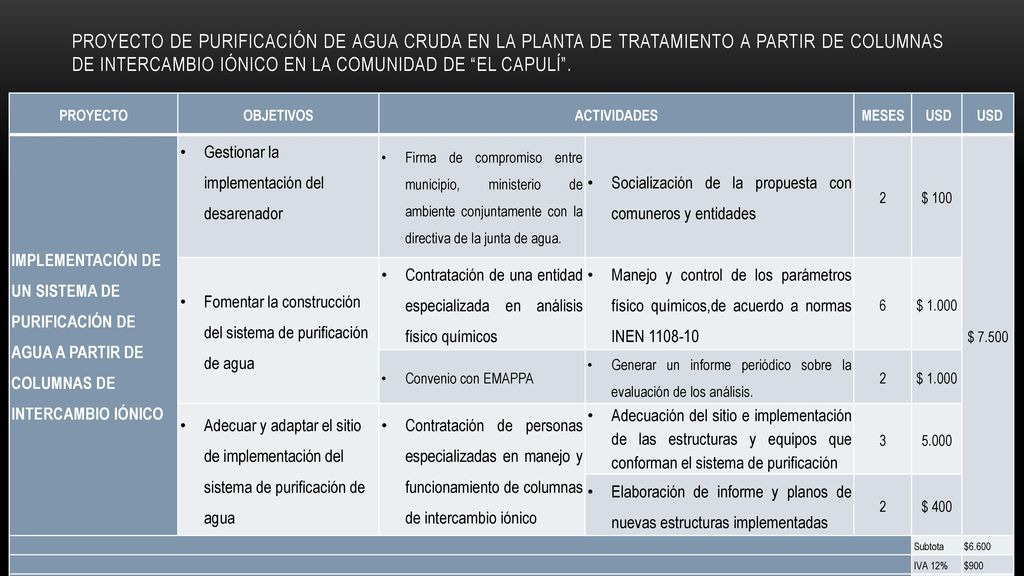 Proyecto de purificación de agua cruda en la planta de tratamiento a partir de columnas de intercambio iónico en la Comunidad de El Capulí .