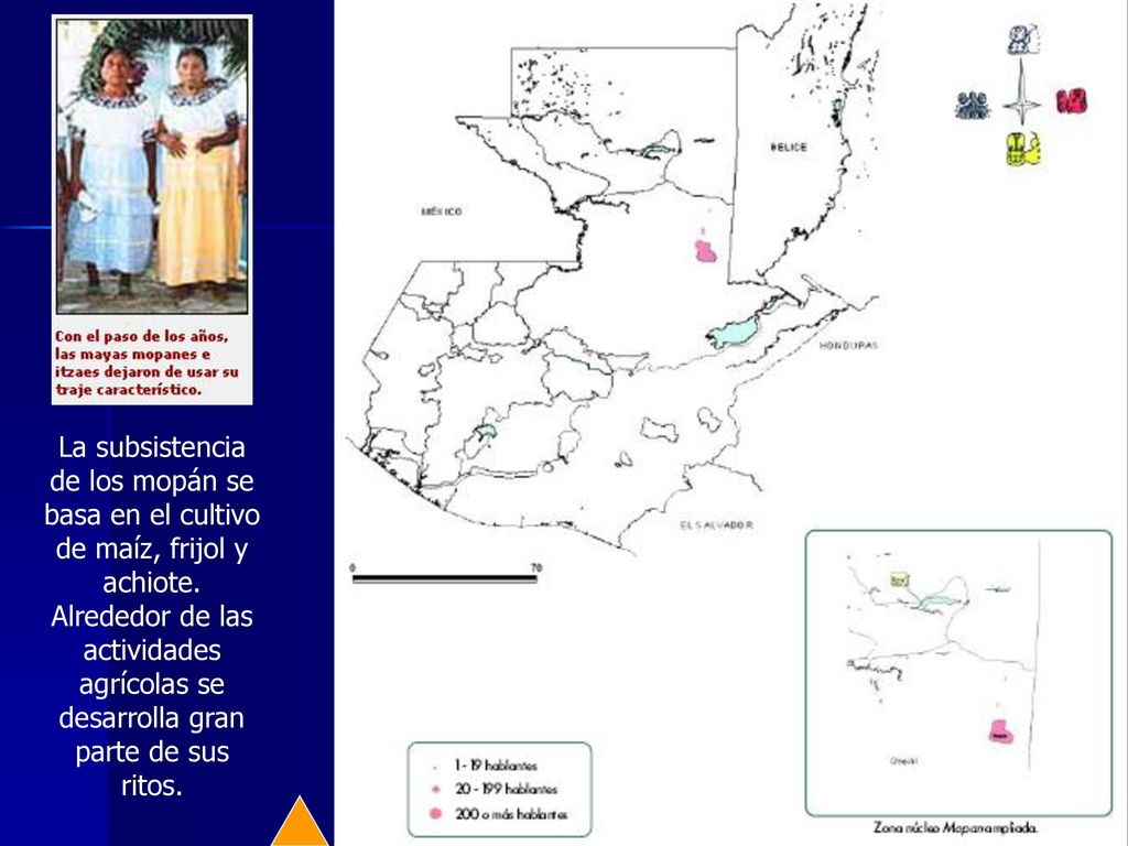 La subsistencia de los mopán se basa en el cultivo de maíz, frijol y achiote.