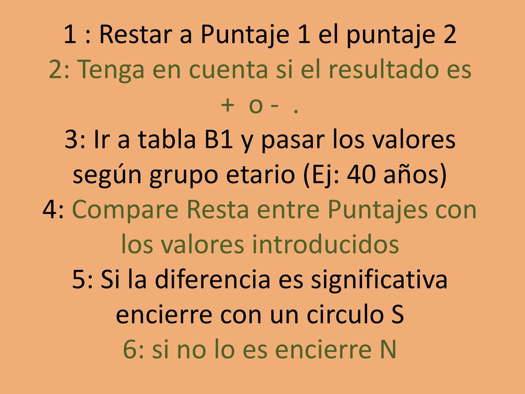 1 : Restar a Puntaje 1 el puntaje 2 2: Tenga en cuenta si el resultado es + o - .