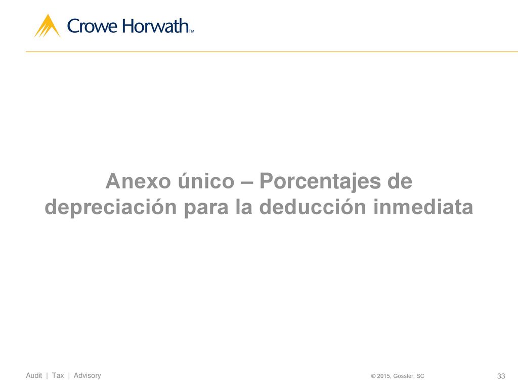 Anexo único – Porcentajes de depreciación para la deducción inmediata