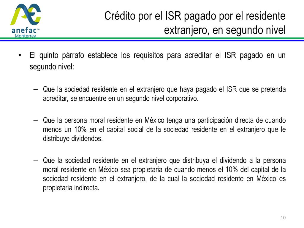 Crédito por el ISR pagado por el residente extranjero, en segundo nivel