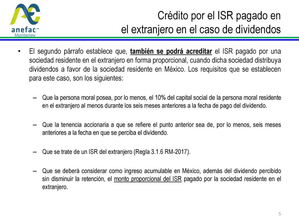 Crédito por el ISR pagado en el extranjero en el caso de dividendos