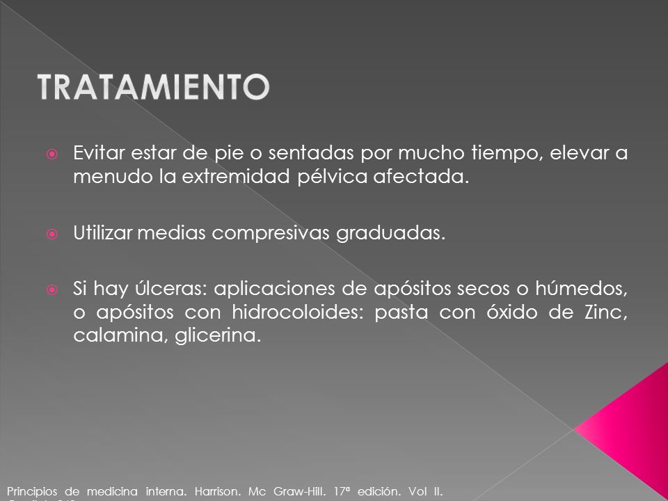 tratamiento Evitar estar de pie o sentadas por mucho tiempo, elevar a menudo la extremidad pélvica afectada.