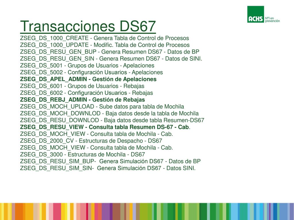 Transacciones DS67 ZSEG_DS_1000_CREATE - Genera Tabla de Control de Procesos ZSEG_DS_1000_UPDATE - Modific.