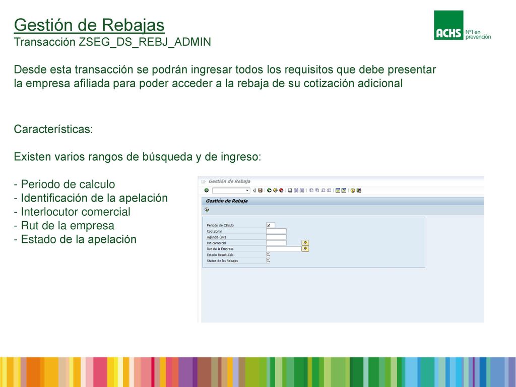 Gestión de Rebajas Transacción ZSEG_DS_REBJ_ADMIN Desde esta transacción se podrán ingresar todos los requisitos que debe presentar la empresa afiliada para poder acceder a la rebaja de su cotización adicional