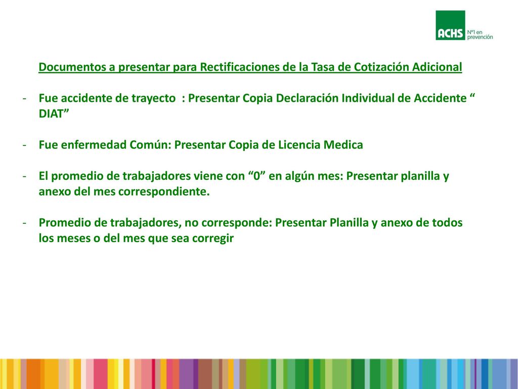 Documentos a presentar para Rectificaciones de la Tasa de Cotización Adicional