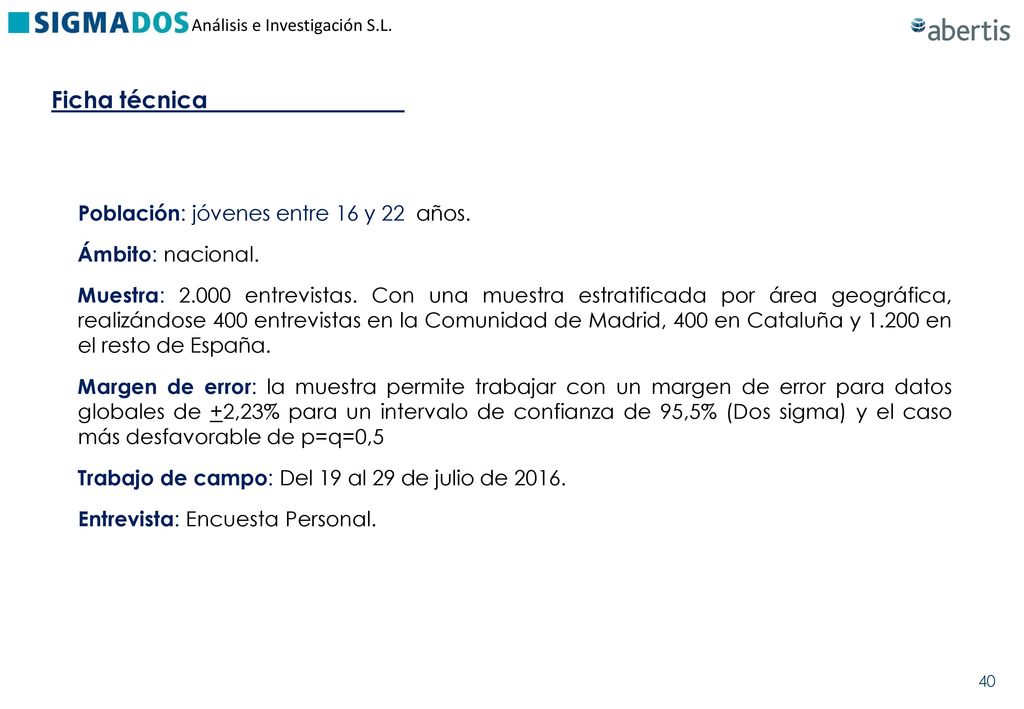 Ficha técnica 40 Población: jóvenes entre 16 y 22 años.
