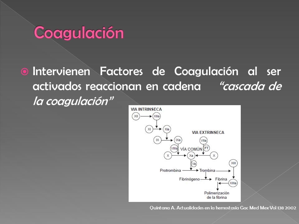 Coagulación Intervienen Factores de Coagulación al ser activados reaccionan en cadena cascada de la coagulación