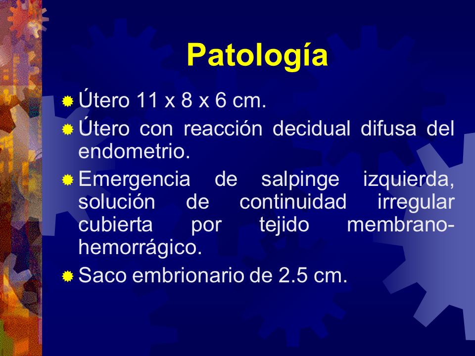 Patología Útero 11 x 8 x 6 cm. Útero con reacción decidual difusa del endometrio.