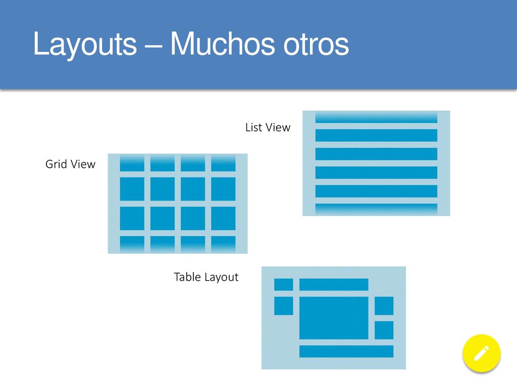 Layouts – Muchos otros List View Grid View Table Layout