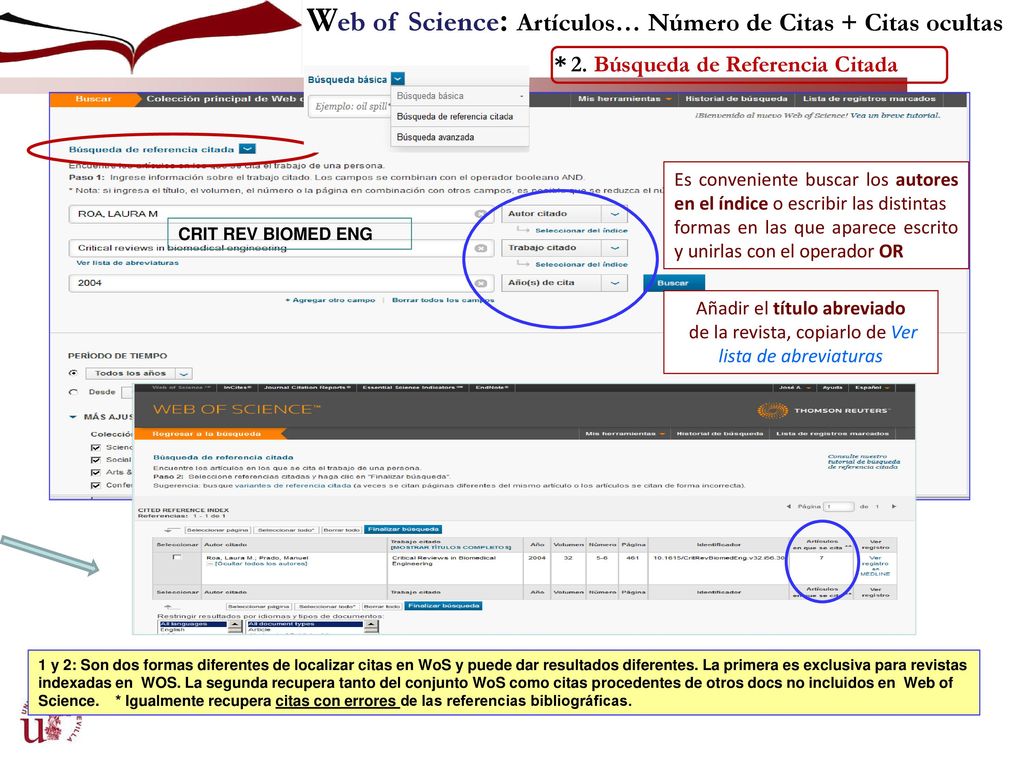 Web of Science: Artículos… Número de Citas + Citas ocultas