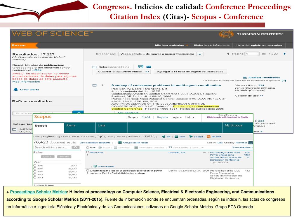 Congresos. Indicios de calidad: Conference Proceedings Citation Index (Citas)- Scopus - Conference
