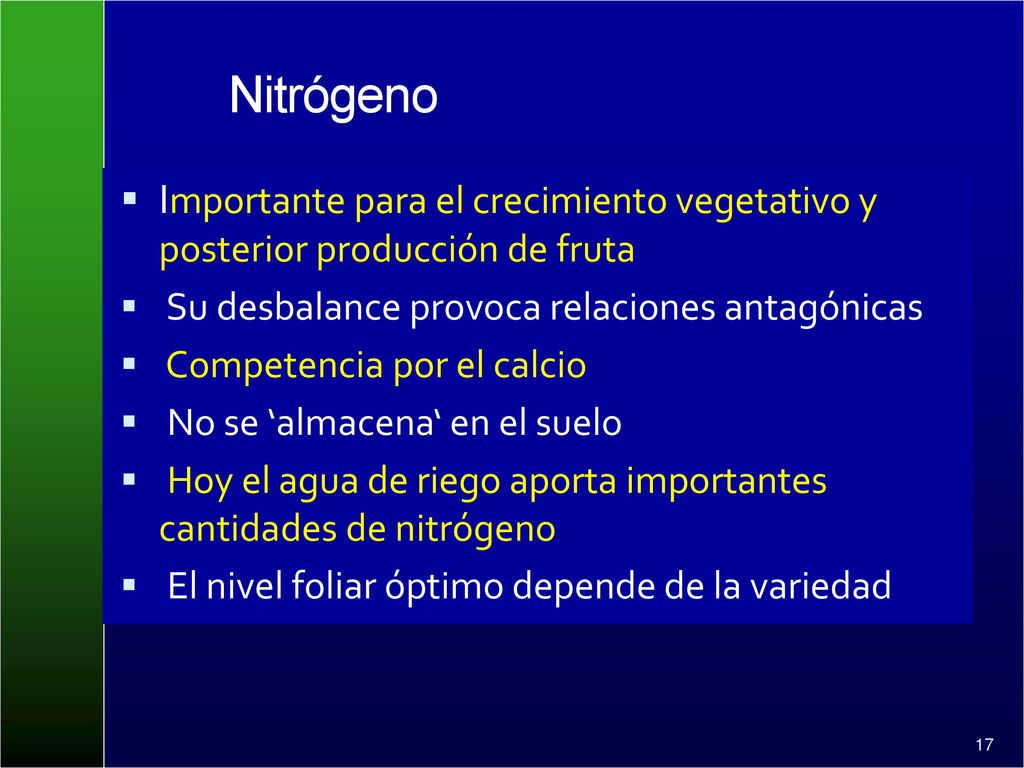 Nitrógeno Importante para el crecimiento vegetativo y posterior producción de fruta. Su desbalance provoca relaciones antagónicas.