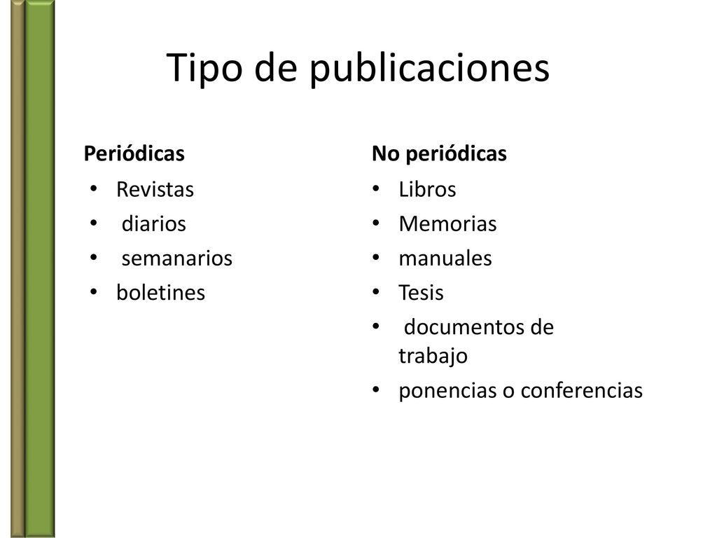 Tipo de publicaciones Periódicas No periódicas Revistas diarios