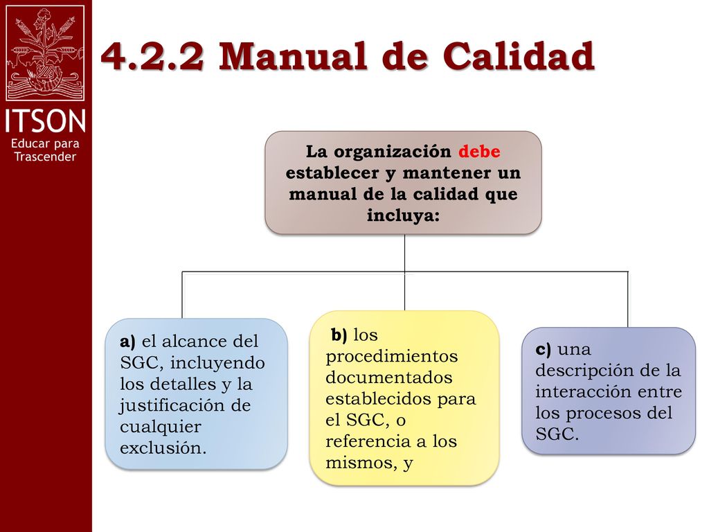 4.2.2 Manual de Calidad La organización debe establecer y mantener un manual de la calidad que incluya: