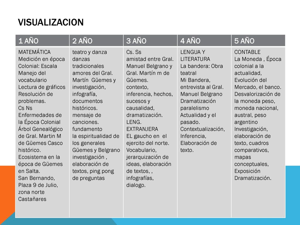 VISUALIZACION 1 AÑO 2 AÑO 3 AÑO 4 AÑO 5 AÑO MATEMÁTICA
