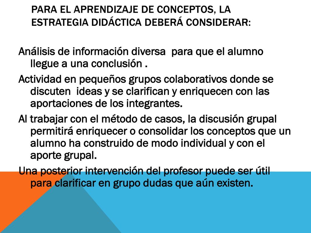 Para el aprendizaje de conceptos, la estrategia didáctica deberá considerar: