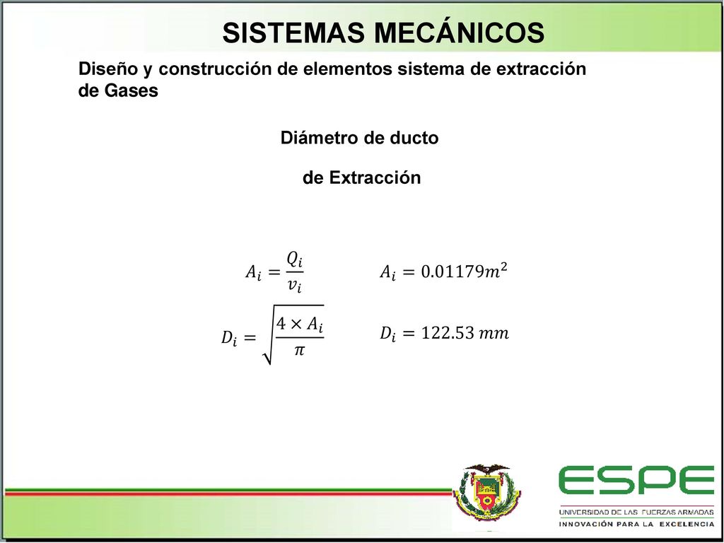 SISTEMAS MECÁNICOS Diseño y construcción de elementos sistema de extracción de Gases. Diámetro de ducto.
