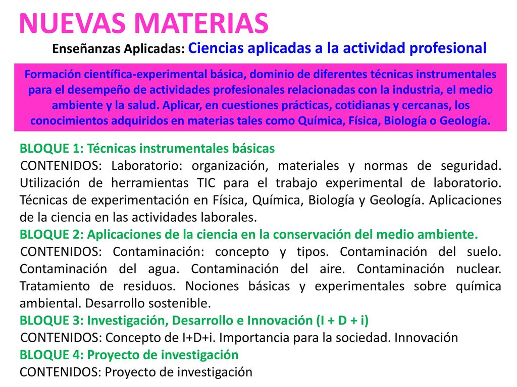 NUEVAS MATERIAS Enseñanzas Aplicadas: Ciencias aplicadas a la actividad profesional.