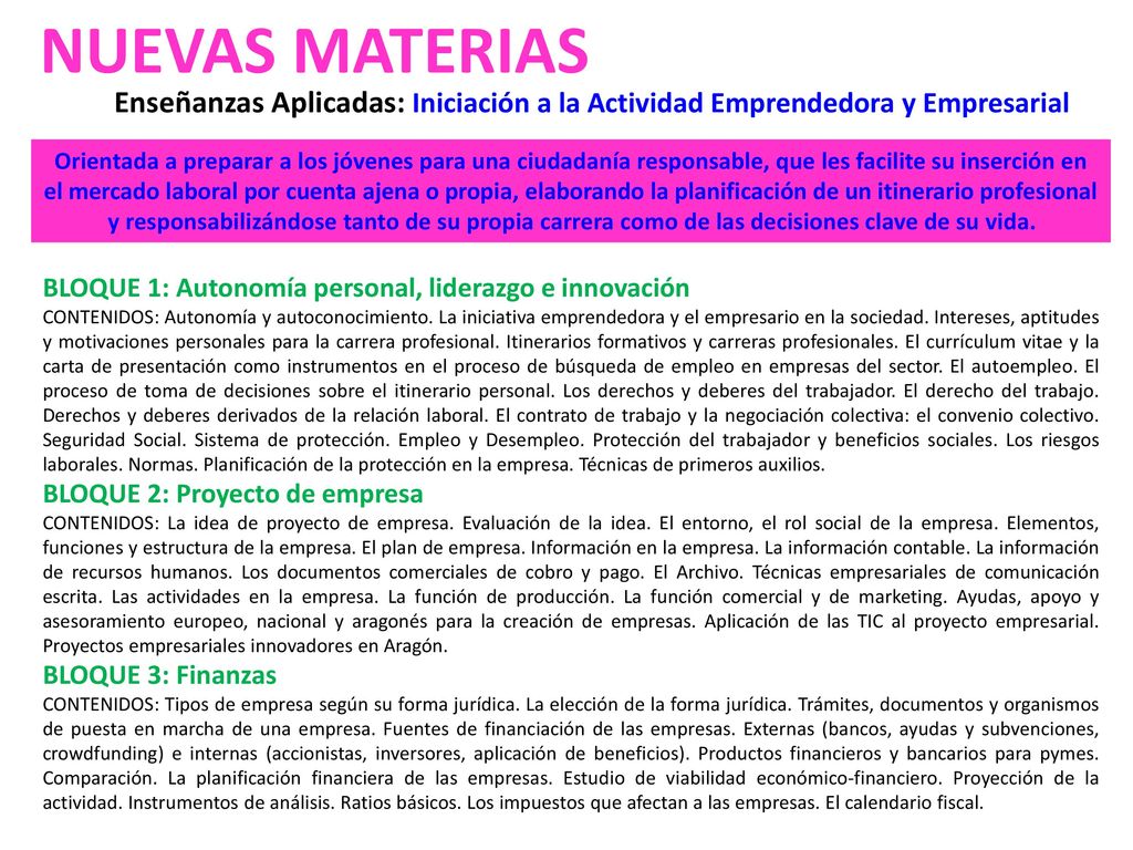 NUEVAS MATERIAS Enseñanzas Aplicadas: Iniciación a la Actividad Emprendedora y Empresarial.