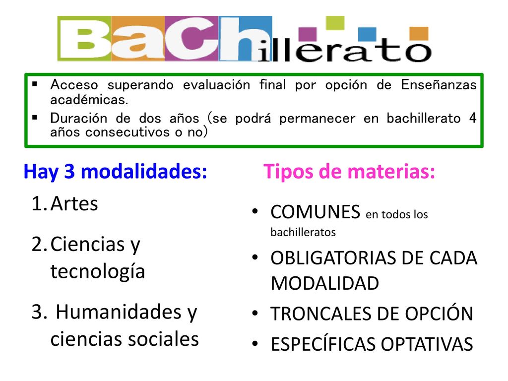 Hay 3 modalidades: Tipos de materias: Artes Ciencias y tecnología
