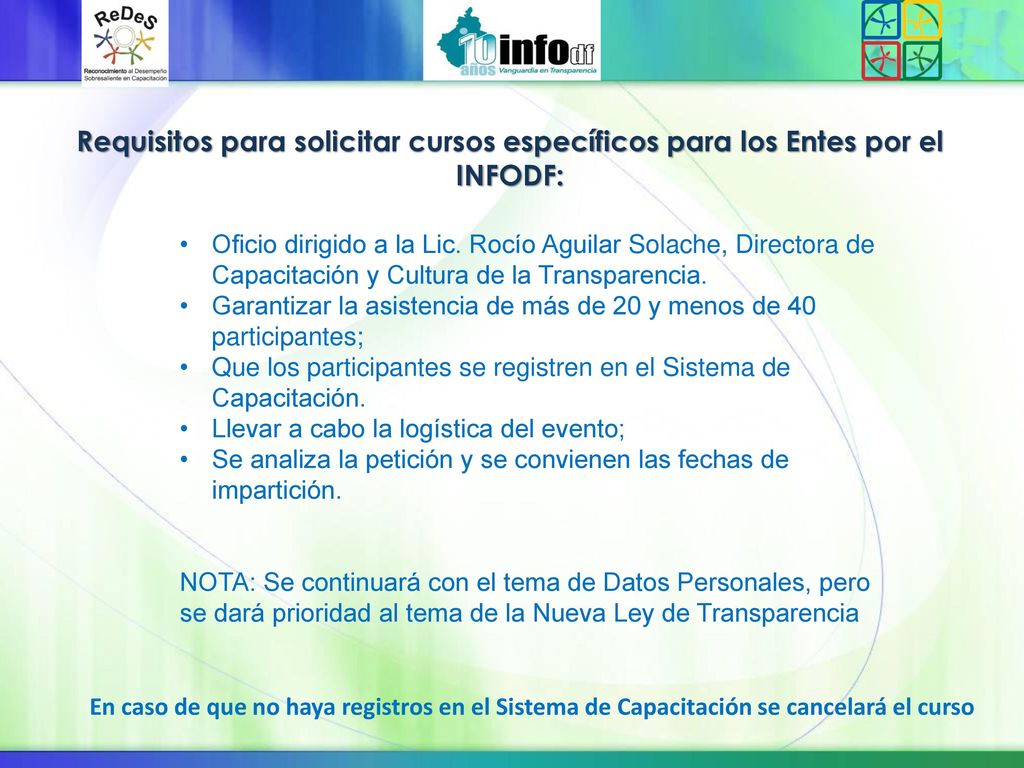 10/16/2017 2:19 AM Requisitos para solicitar cursos específicos para los Entes por el INFODF: