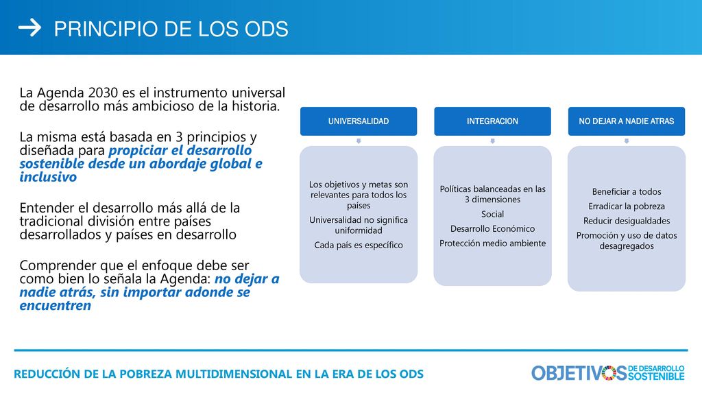 PRINCIPIO DE LOS ODS UNIVERSALIDAD. Los objetivos y metas son relevantes para todos los países. Universalidad no significa uniformidad.